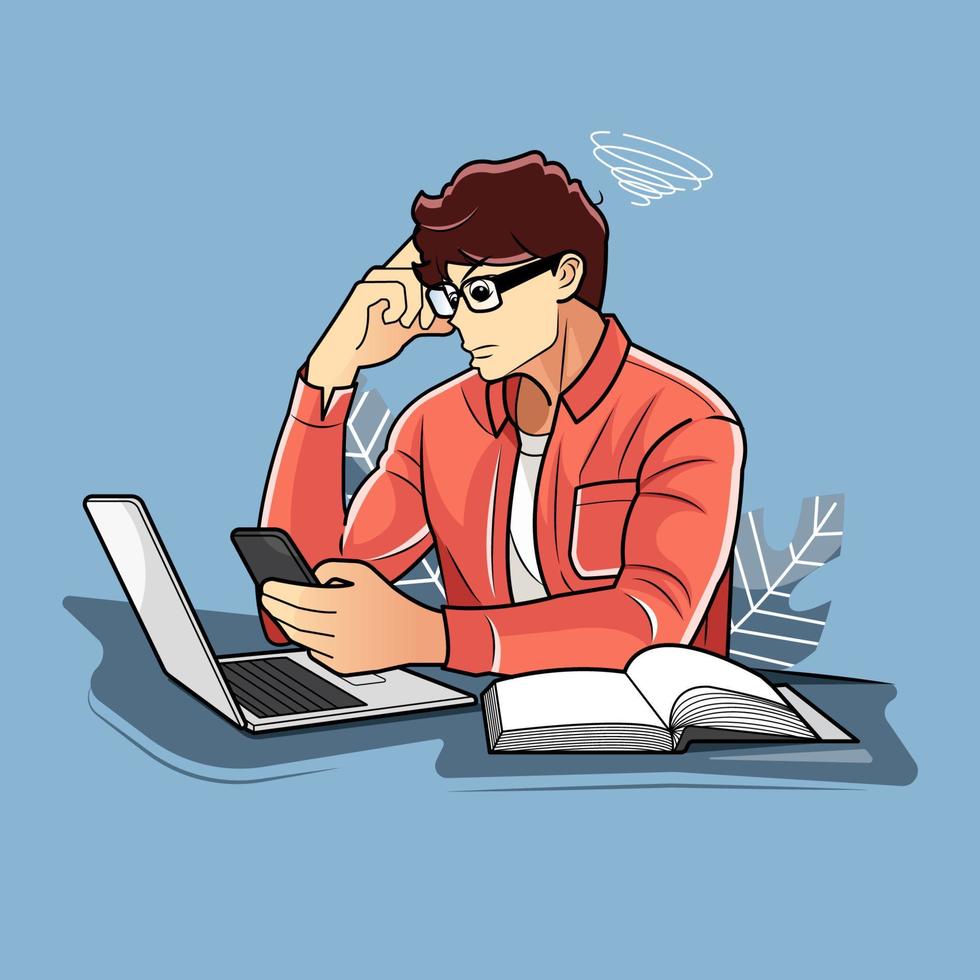 Young boy dizzy working on laptop computer vector illustration free download