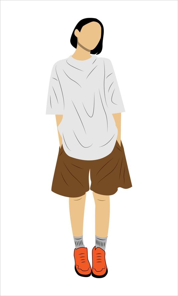 Chica modelo de moda de ropa de calle con pelo corto. ilustración vectorial plana aislada sobre fondo blanco. vector