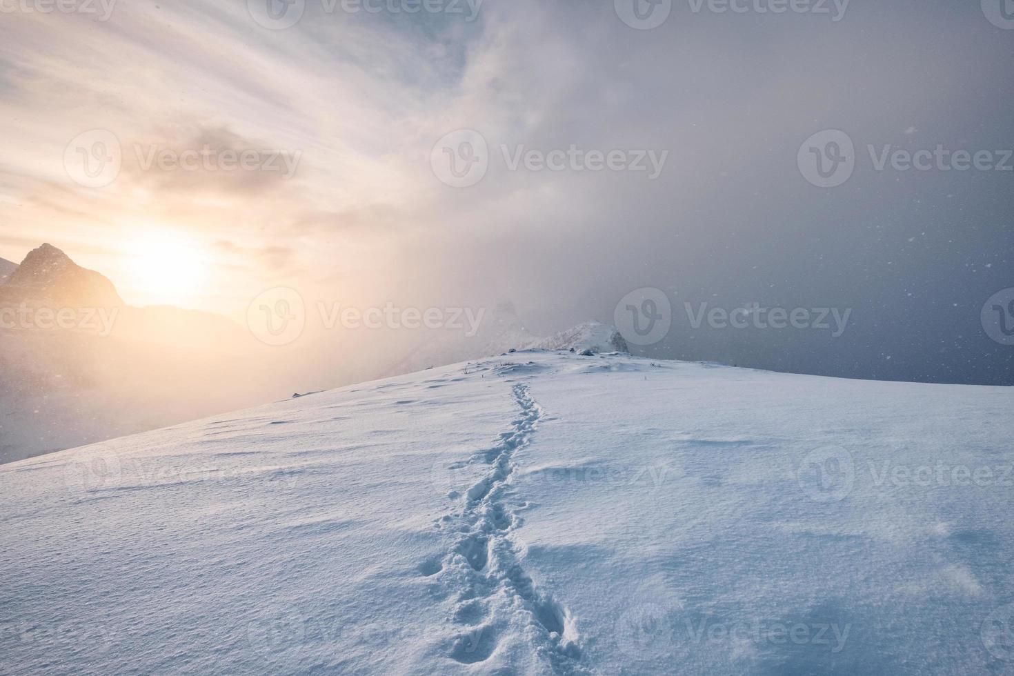 Sunrise on snowy mountain with footprint in blizzard at Senja Island photo