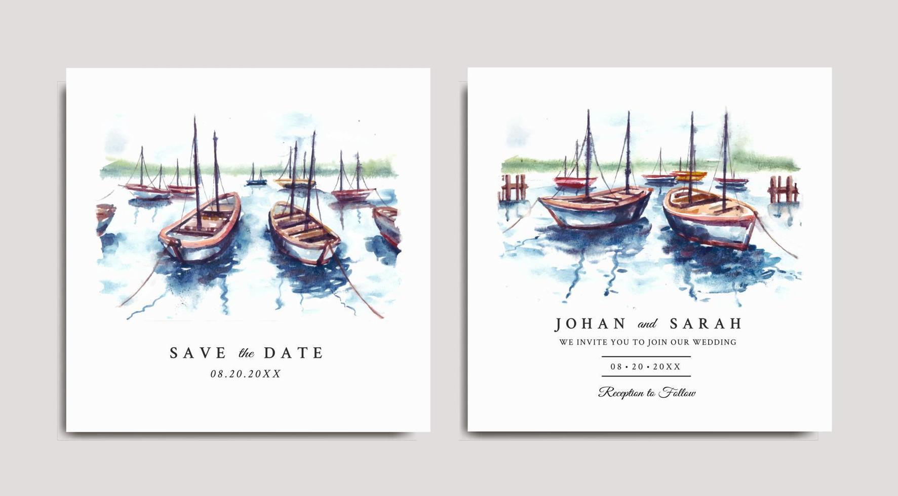 Watercolor wedding invitation of nature landscape with harbor and boat vector