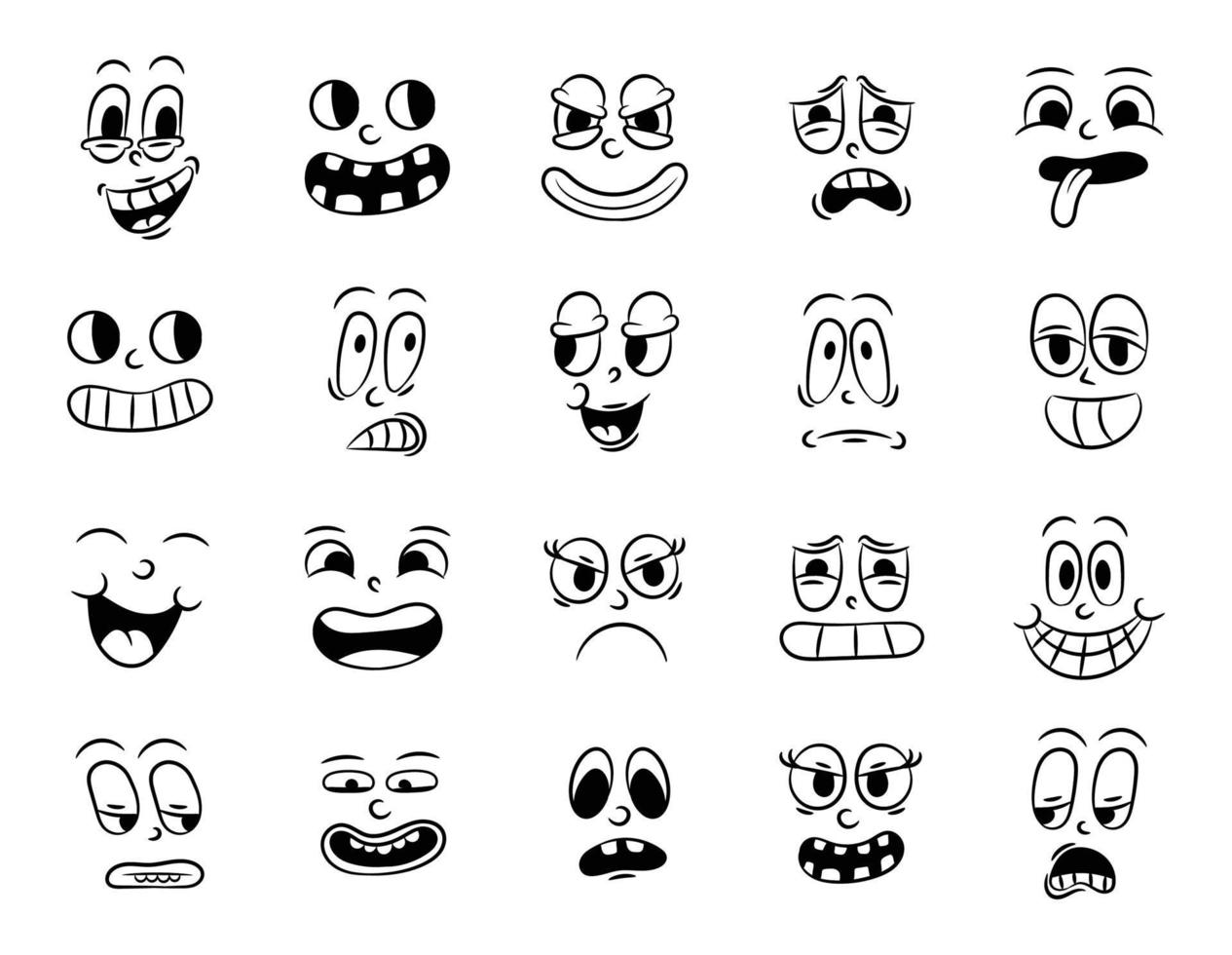 colección de viejas animaciones de dibujos animados tradicionales retro. caras antiguas de personas con diferentes emociones de los años 20 y 30. expresiones de caracteres emoji 50s 60s. la cabeza se enfrenta a elementos de diseño en estilo cómico vector