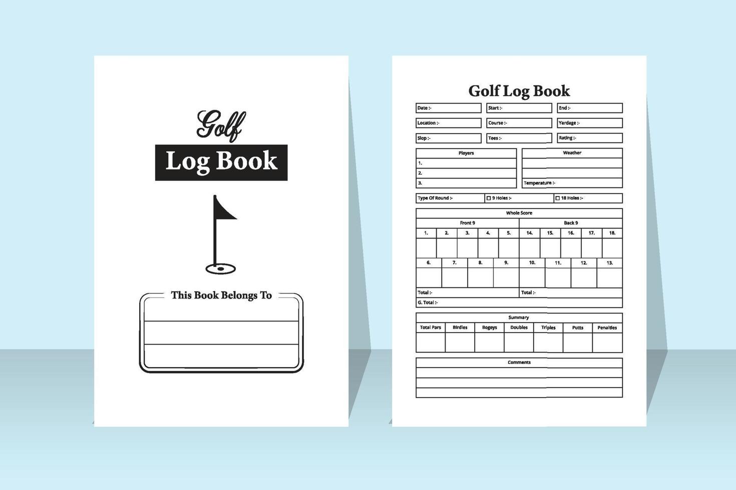 Golf score notebook. Golf location and player information logbook template. Interior of a journal. Sports scorebook interior. Golf score and cart information notebook template. vector