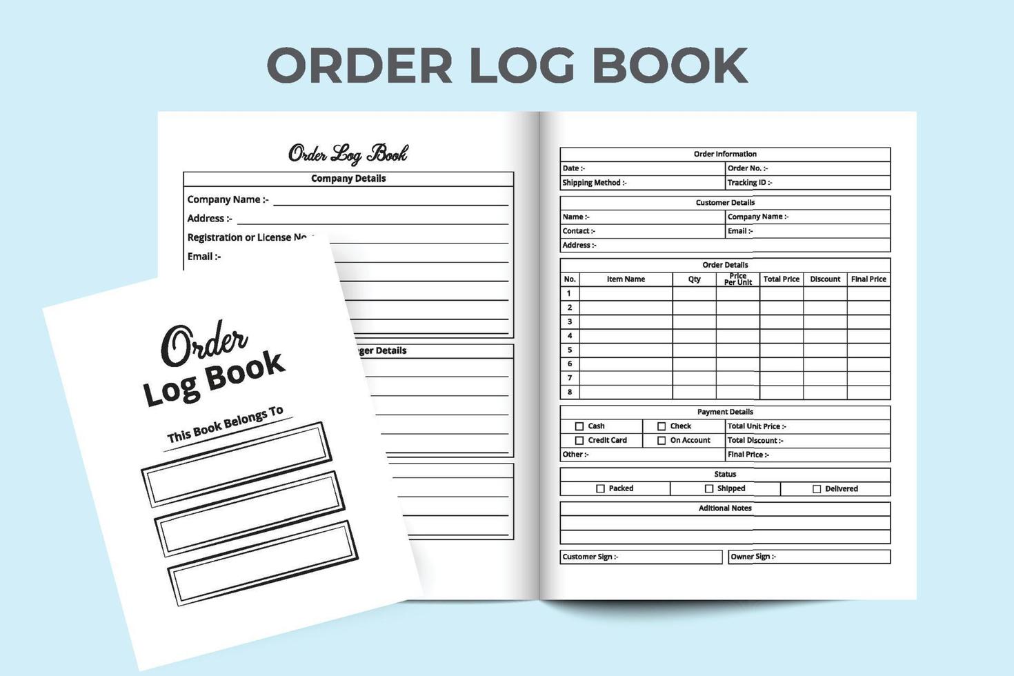 Order tracker notebook. Order quantity and shipment checker. Interior of a logbook. Business Order tracker notebook and payment checker interior. Business journal template interior. vector