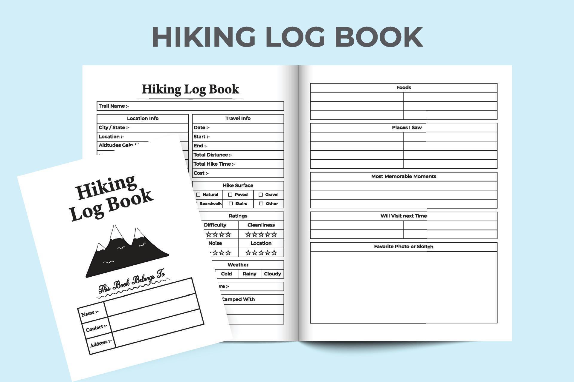 Hiking log book interior. Tour and Travel information tracker notebook