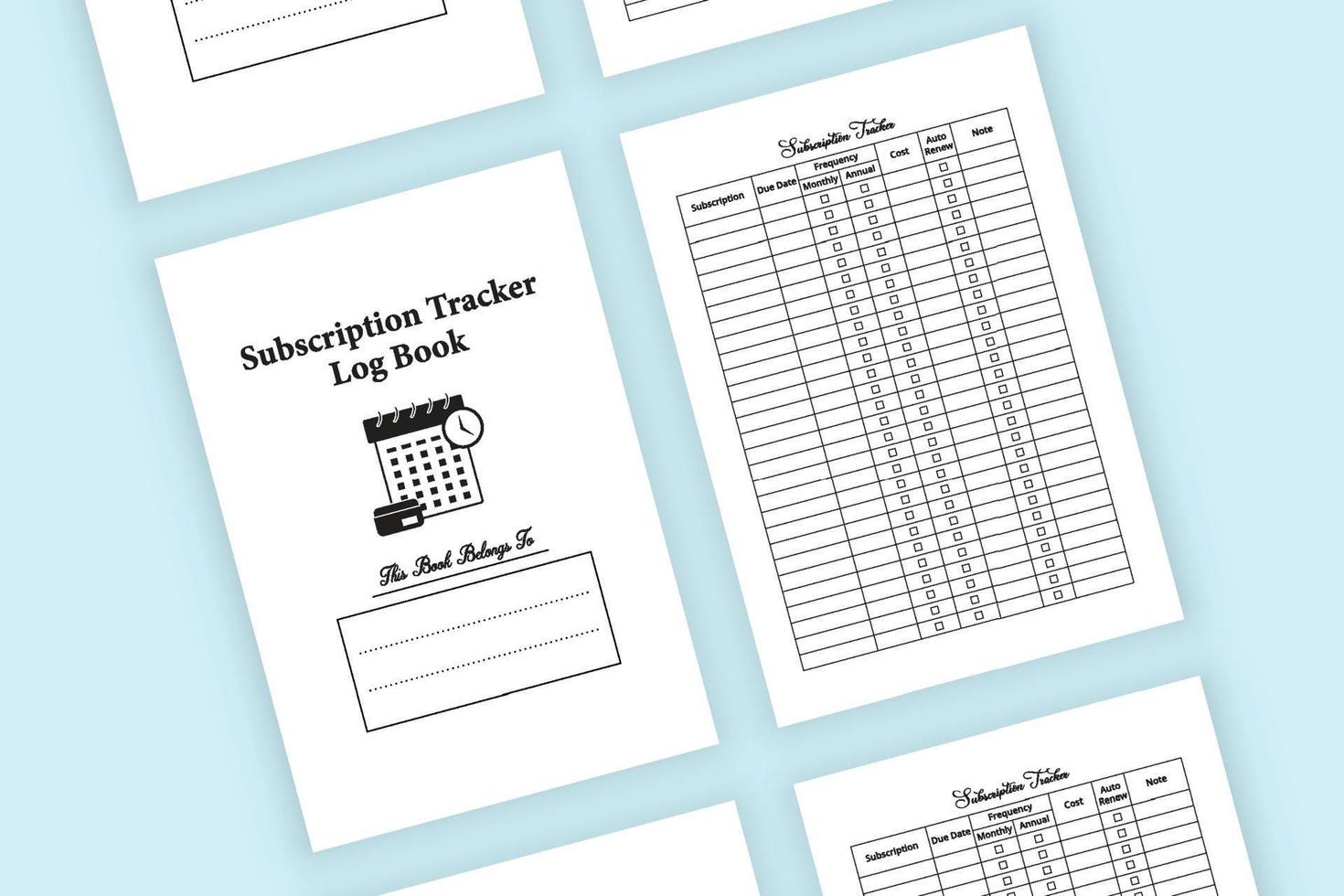 Subscription planner journal. Monthly subscription expense tracker logbook. Interior of a notebook. Personal subscription info planner logbook template. Subscription tracker interior. vector