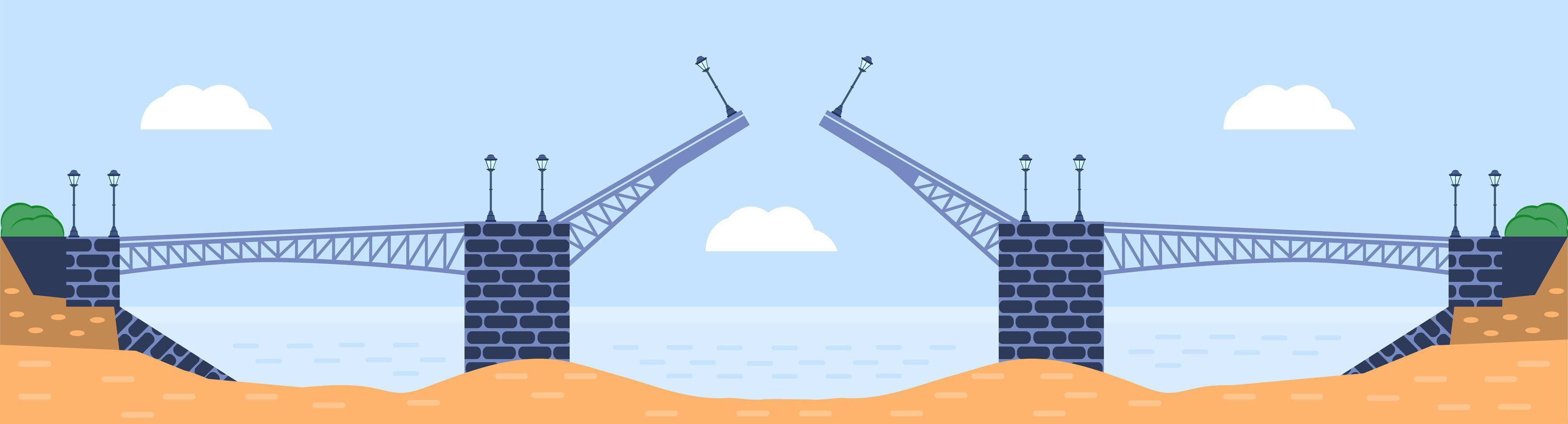 Bridge vector illustration. City architecture element with cables, freeway and bridge-construction across the river with carriageway isolated and lanterns on colourful landscape