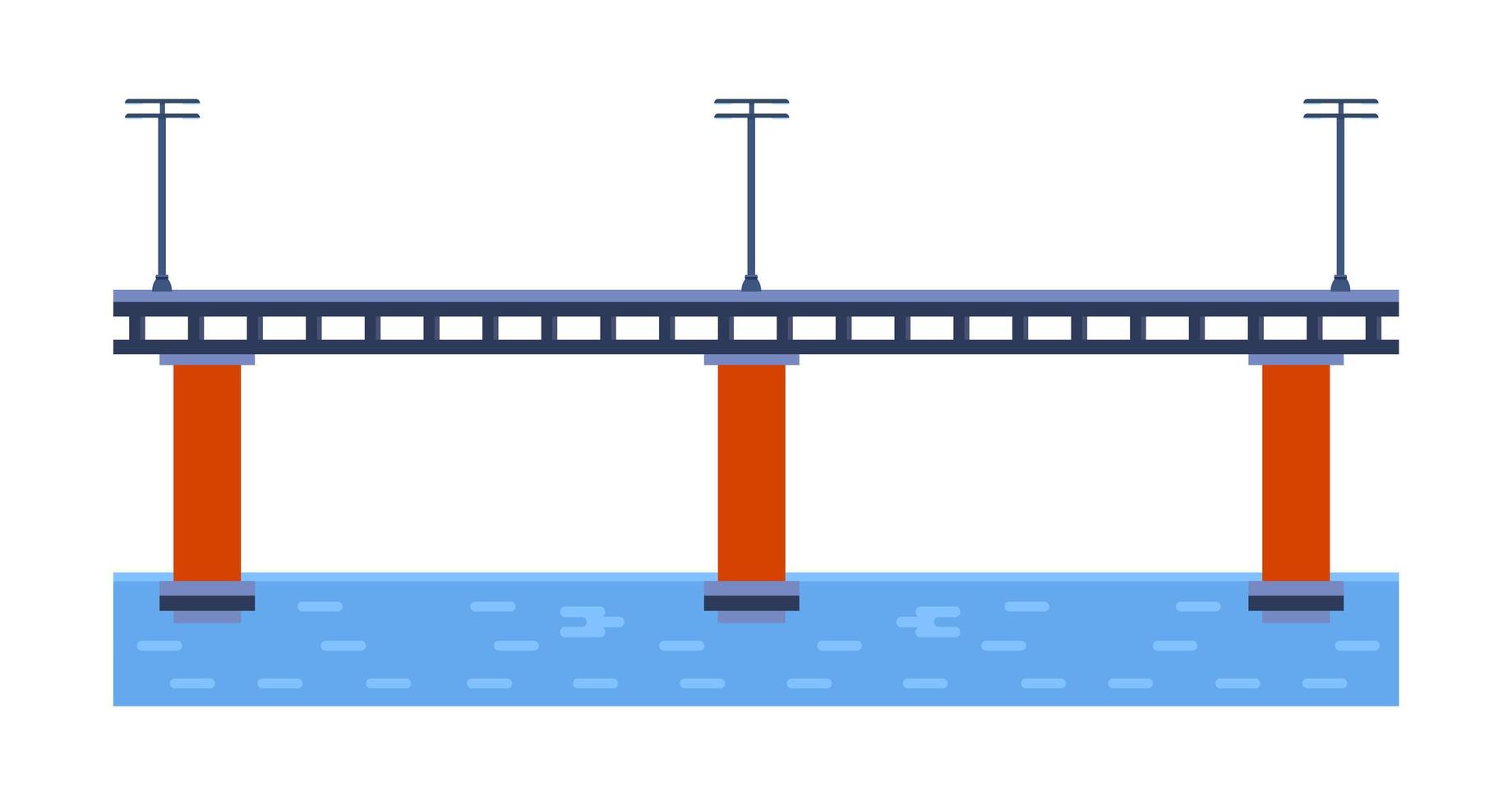 Ilustración de vector de puente. elemento de arquitectura de la ciudad con cables, autopistas y construcción de puentes a través del río con calzada aislada y faroles en un paisaje colorido