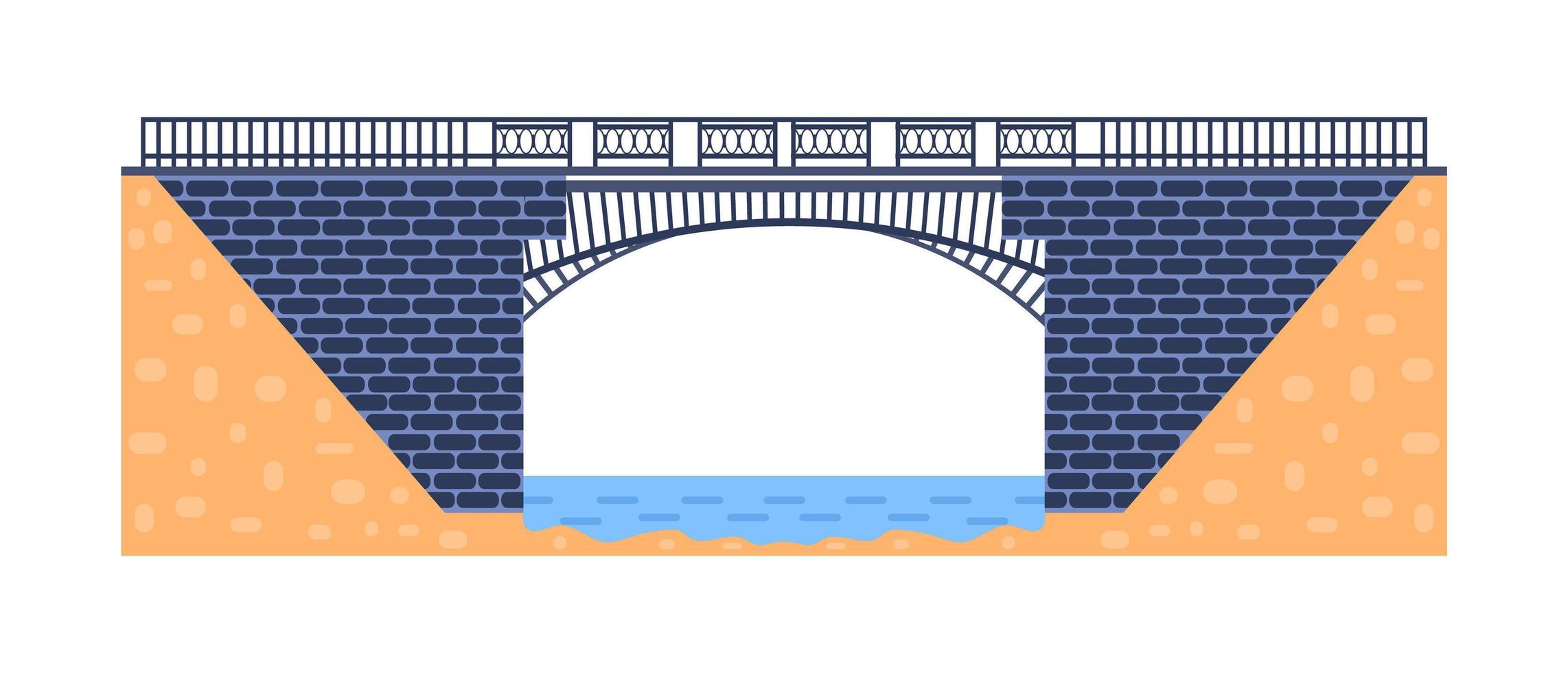 Stone bridge vector. City architecture element and bridge-construction across the river with carriageway isolated and lanterns on colourful landscape vector