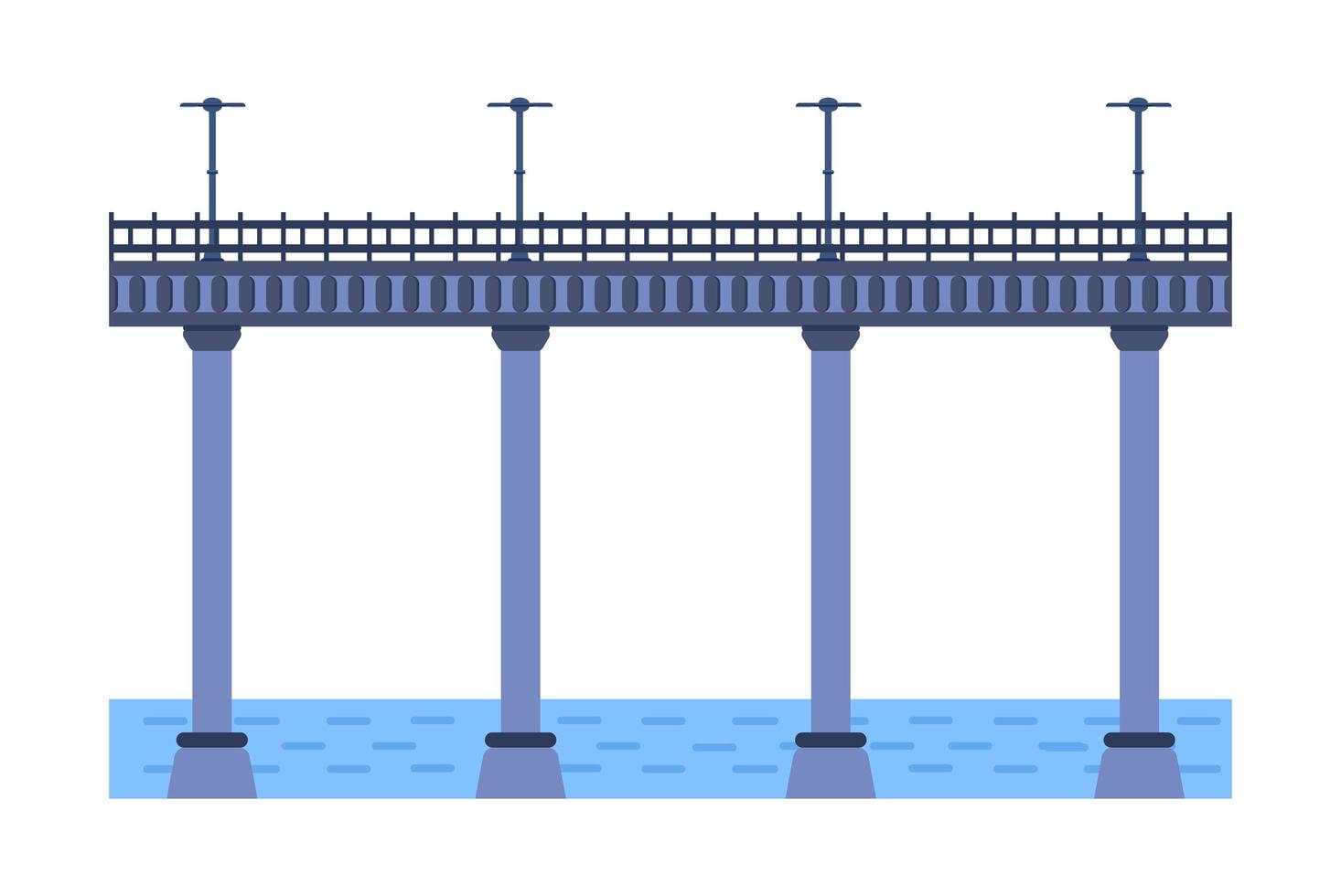 Bridge vector illustration. City architecture element with cables, freeway and bridge-construction across the river with carriageway isolated and lanterns on colourful landscape