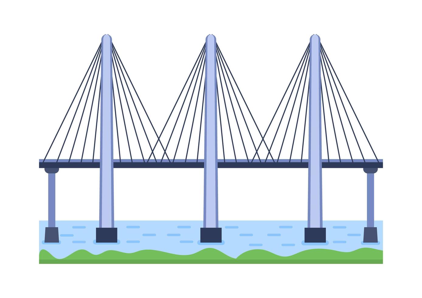 Ilustración de vector de puente. elemento de arquitectura de la ciudad con cables, autopistas y construcción de puentes a través del río con calzada aislada y faroles en un paisaje colorido