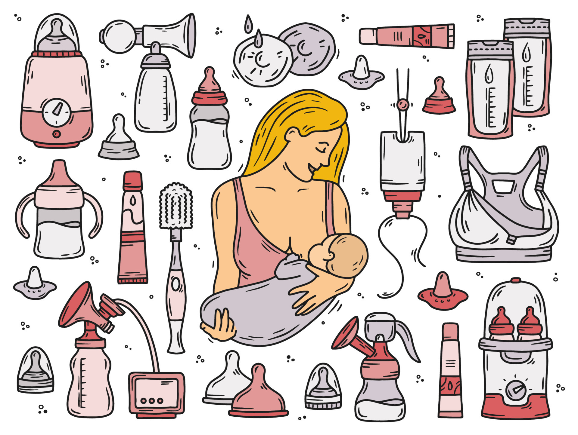 Devices for breastfeeding with milk or infant formula, vector pink icons  set with a woman and a baby. Lactation bottles, sterilizer, bags and a bra  during nursing. Cartoon style illustration 6601621 Vector