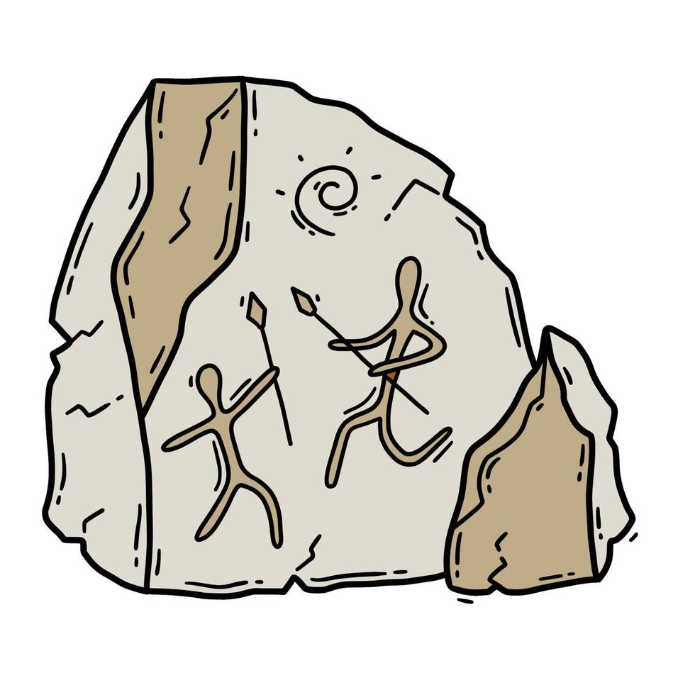 una piedra con una pintura rupestre, imagen de neandertales y pueblos primitivos. cazadores con lanzas en la ilustración de vector de edad de piedra en estilo de dibujo de garabato. arte petroglifico parietal