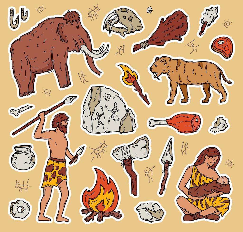 Cavemen and Neanderthals in the Stone Age, vector doodle stickers set. Ancient primitive people hunt mammoths and tigers. Tools and rock paintings. Paleontology and anthropology brown cartoon icons.