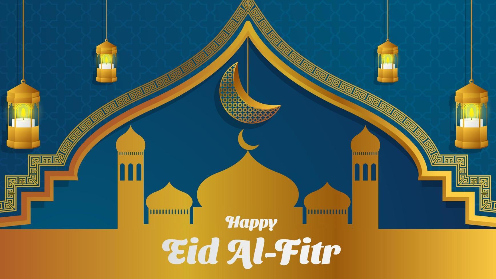 Happy eid al-fitr background in gold and blue color. islamic vector illustration