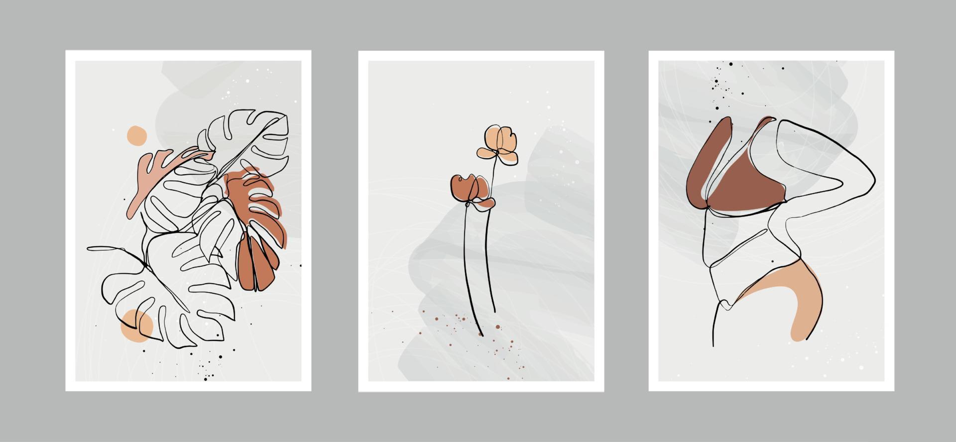 Modern abstract line minimalistic  women faces, flower, leaves and arts background with different shapes for wall decoration, postcard or brochure cover design. Vector design