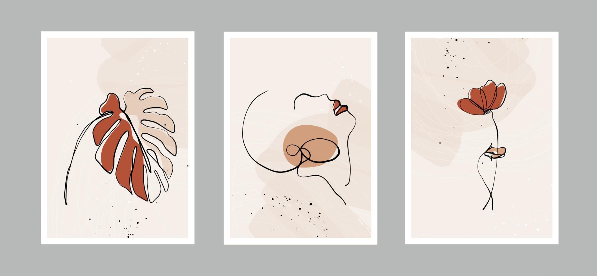 Modern abstract line minimalistic  women faces, flower, leaves and arts background with different shapes for wall decoration, postcard or brochure cover design. Vector design