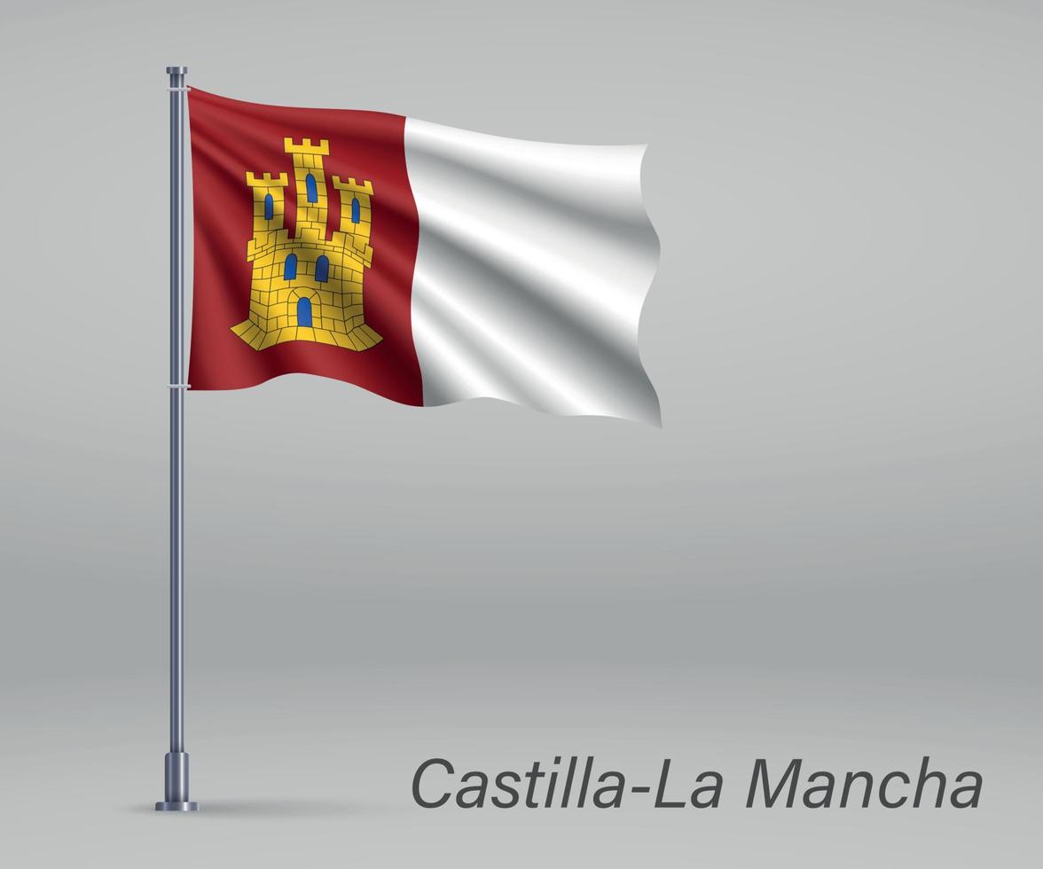 ondeando la bandera de castilla-la mancha - región de españa en el asta de la bandera. vector