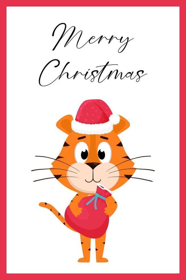 A cute cartoon tiger in a Santa Claus hat stands and holds a red bag with gifts. A greeting card with the inscription Merry Christmas. Color vector illustration isolated on a white background.