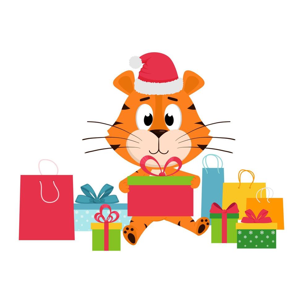 A cute cartoon tiger in a Santa Claus hat sits surrounded by gift boxes and packages. Merry Christmas and happy New Year. Color vector illustration isolated on a white background.