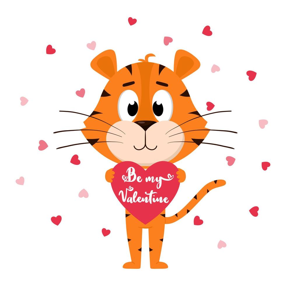 A cute cartoon tiger holds a heart with the inscription Be my Valentine in its paws. A Valentine's day card with an adorable character. Color vector illustration isolated on a white background.