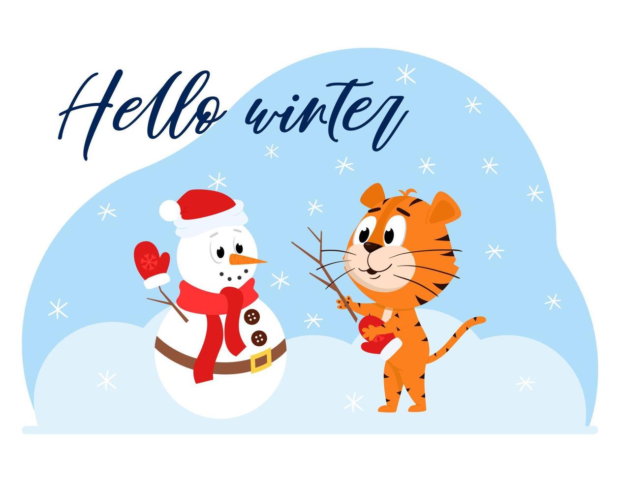 Cute cartoon tiger sculpts a snowman. A snowman with a scarf and a carrot. A postcard with an adorable character and the words Hello winter. Color vector illustration on a blue spot background.