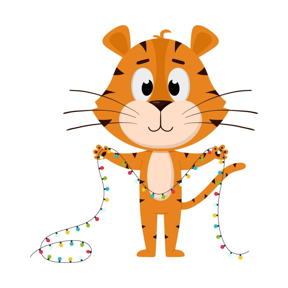 The tiger holds a garland in its paws. Cute cartoon character. The tiger is the symbol of the year 2022. Vector illustration for children. Isolated on a white background
