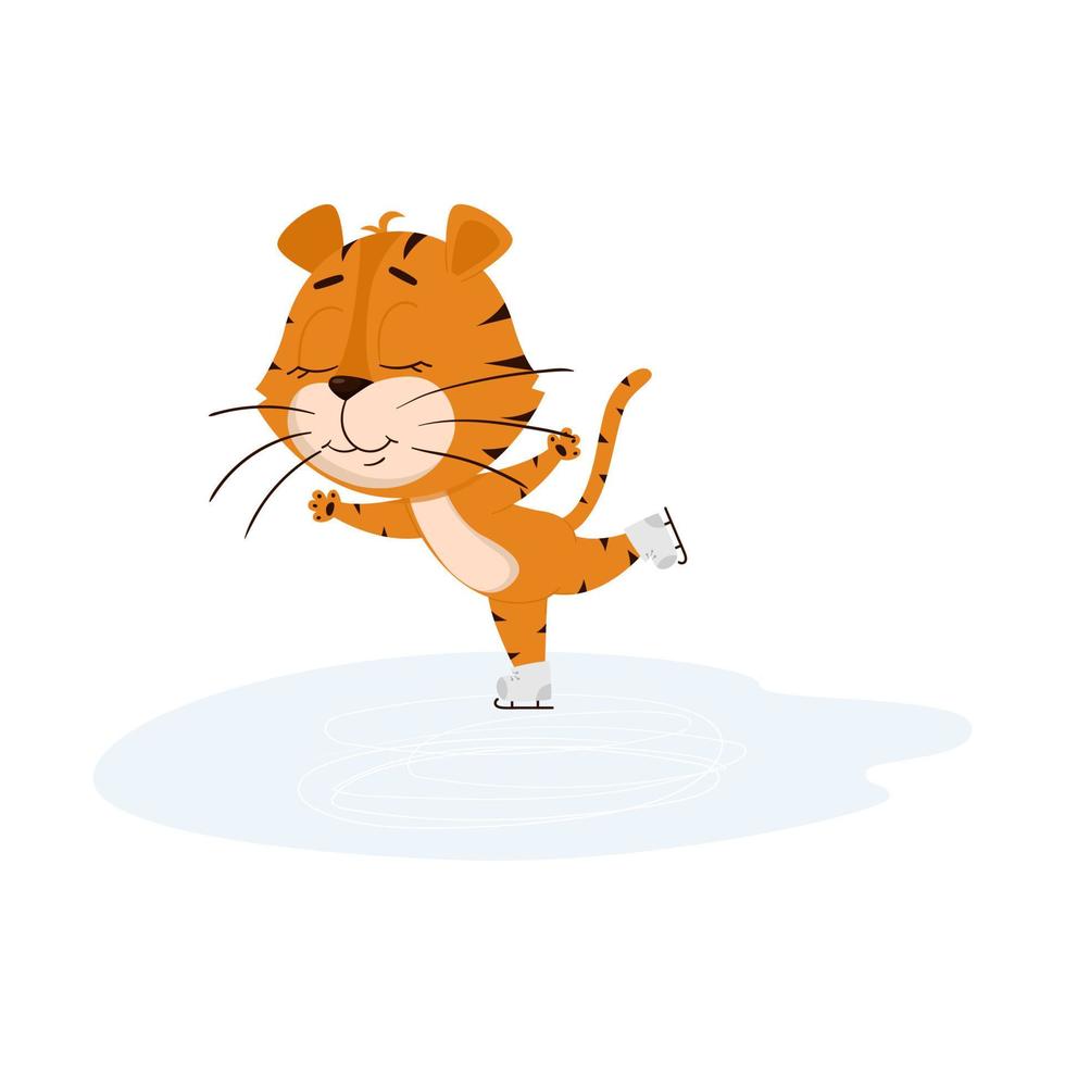 Tiger is skating on the ice rink. Cute cartoon character. The tiger is the symbol of the year 2022. Vector illustration for children. Isolated on a white background