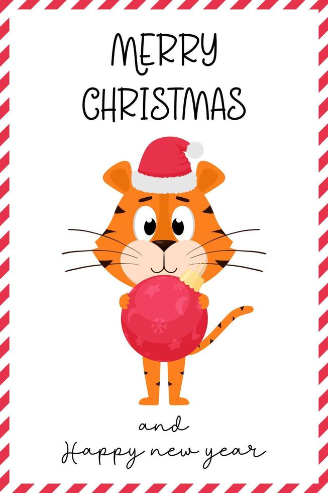 A cute cartoon tiger in a Santa Claus hat stands and holds a round red Christmas tree toy.A greeting card. Merry Christmas and happy New Year. Color vector illustration isolated on a white background.