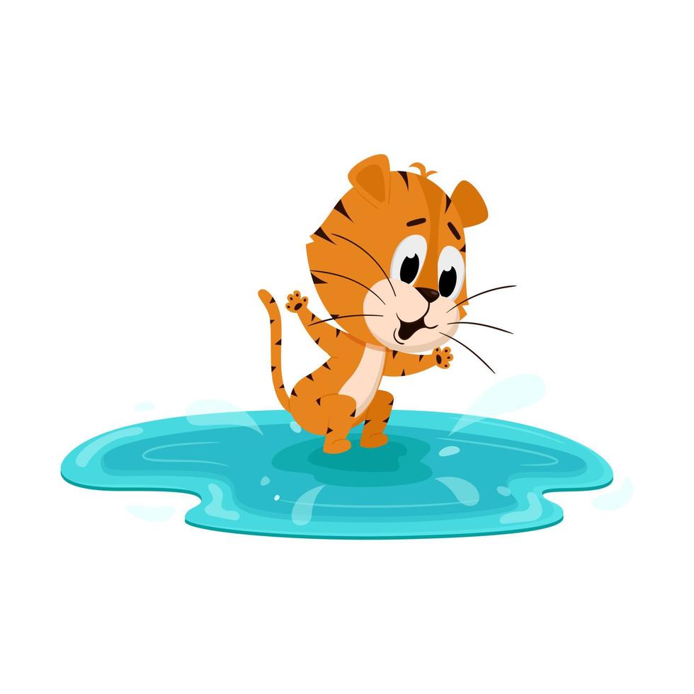 Tiger jumps in a puddle, swims in the lake. Cute cartoon character. The tiger is the symbol of the year 2022. Vector illustration for children. Isolated on a white background