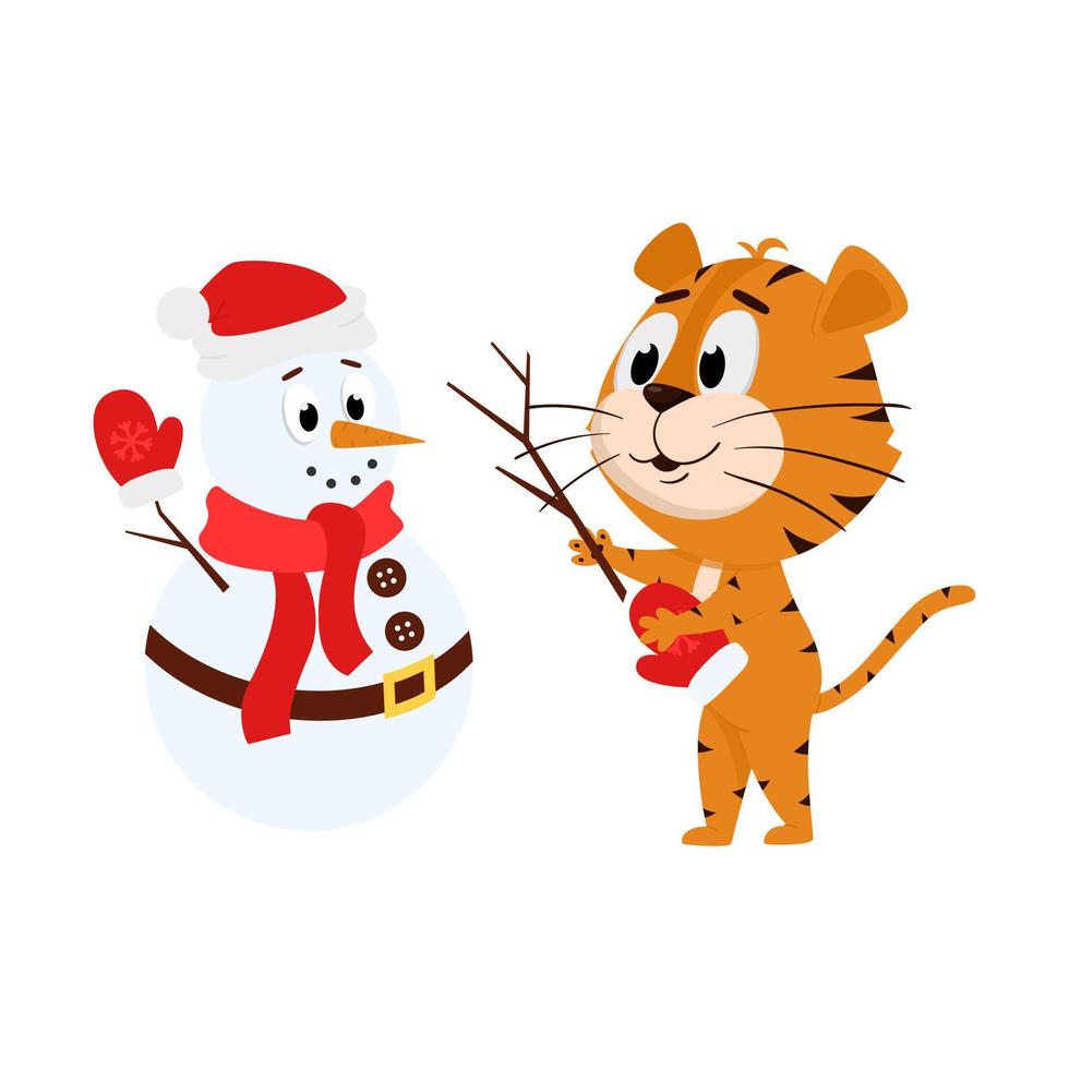 A tiger makes a snowman. Cute cartoon character. The tiger is the symbol of the year 2022. Vector illustration for children. Isolated on a white background