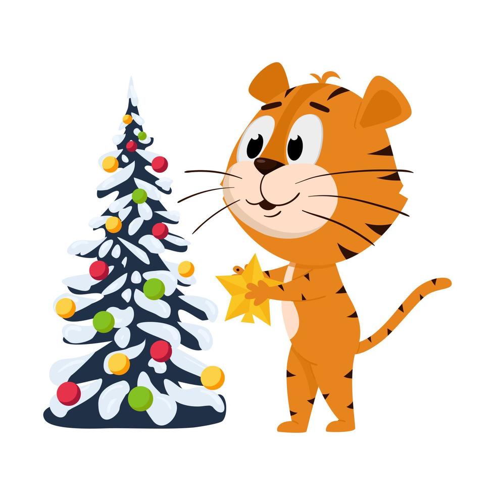 The tiger holds the star in its paws, dresses up the Christmas tree. Cute cartoon character. The tiger is the symbol of the year 2022. Vector illustration for children. Isolated on a white background