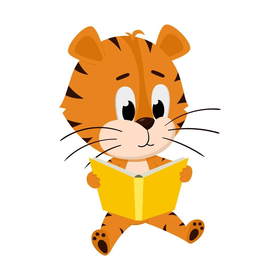 Tiger sits and reads a book. Cute cartoon character. The tiger is the symbol of the year 2022. Vector illustration for children. Isolated on a white background