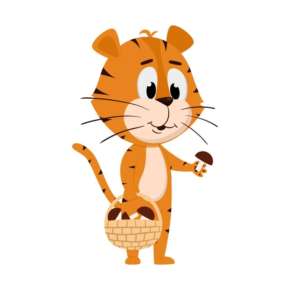 Tiger Collects mushrooms in a basket. Cute cartoon character. The tiger is the symbol of the year 2022. Vector illustration for children. Isolated on a white background