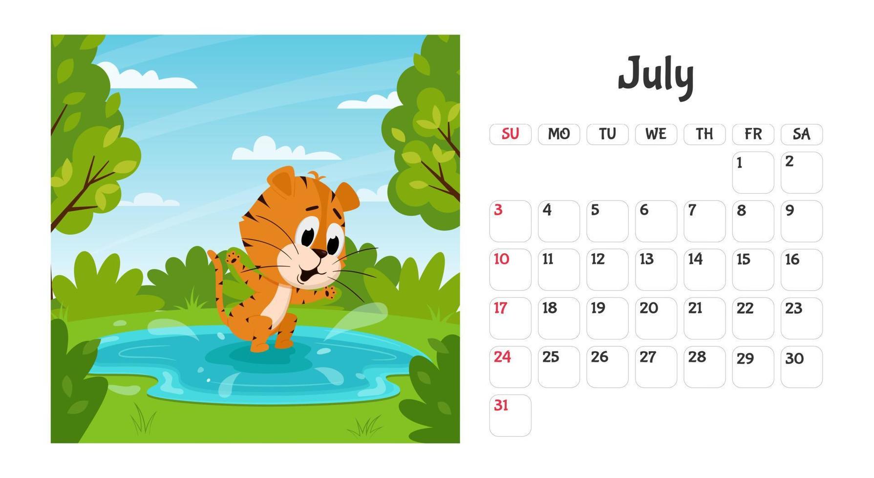 Horizontal desktop calendar page template for July 2022 with a cartoon tiger symbol of the Chinese year. The week starts on Sunday. Tiger jumps in the lake, swims. vector