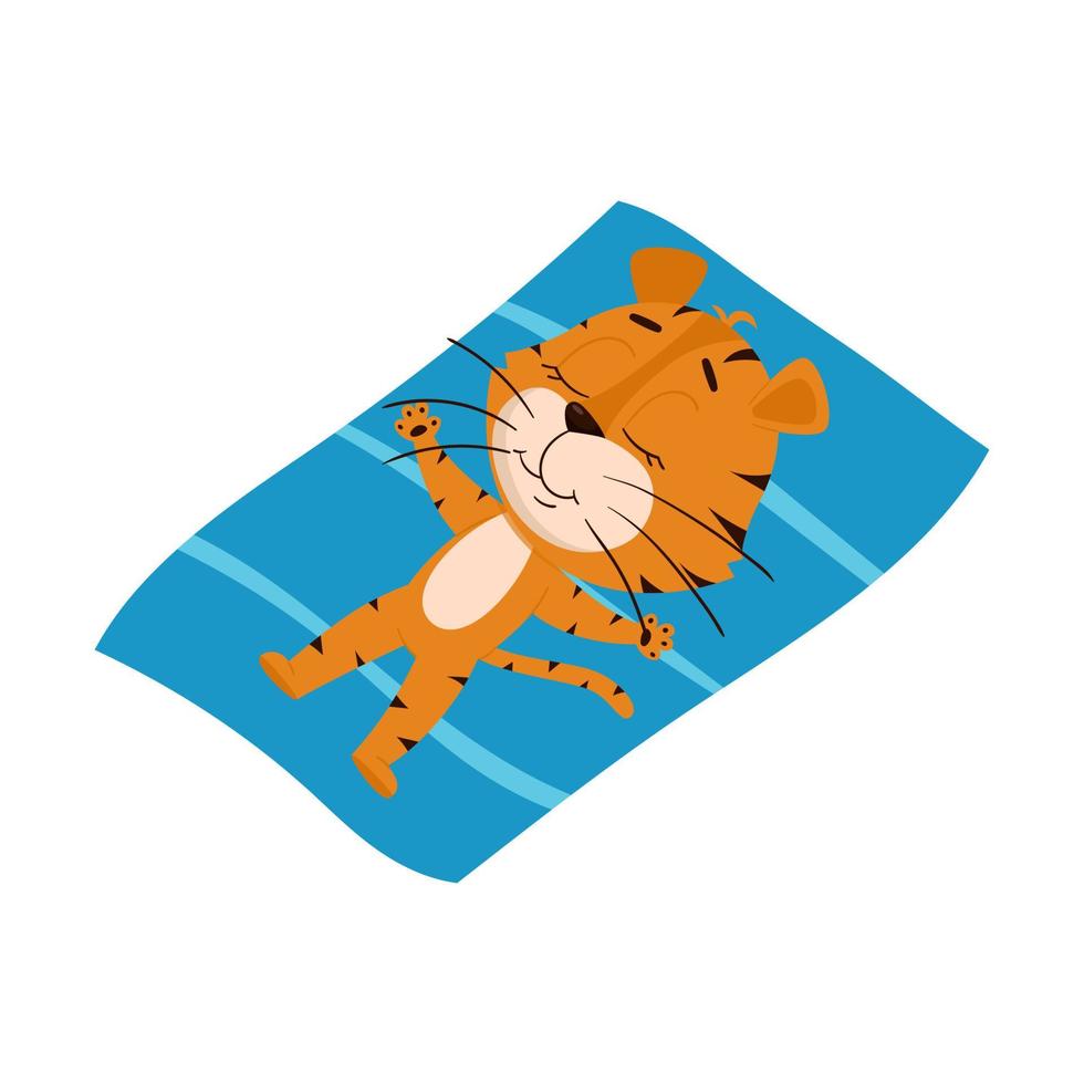 The tiger is sunbathing in the sun, lying on a towel. Cute cartoon character. The tiger is the symbol of the year 2022. Vector illustration for children. Isolated on a white background