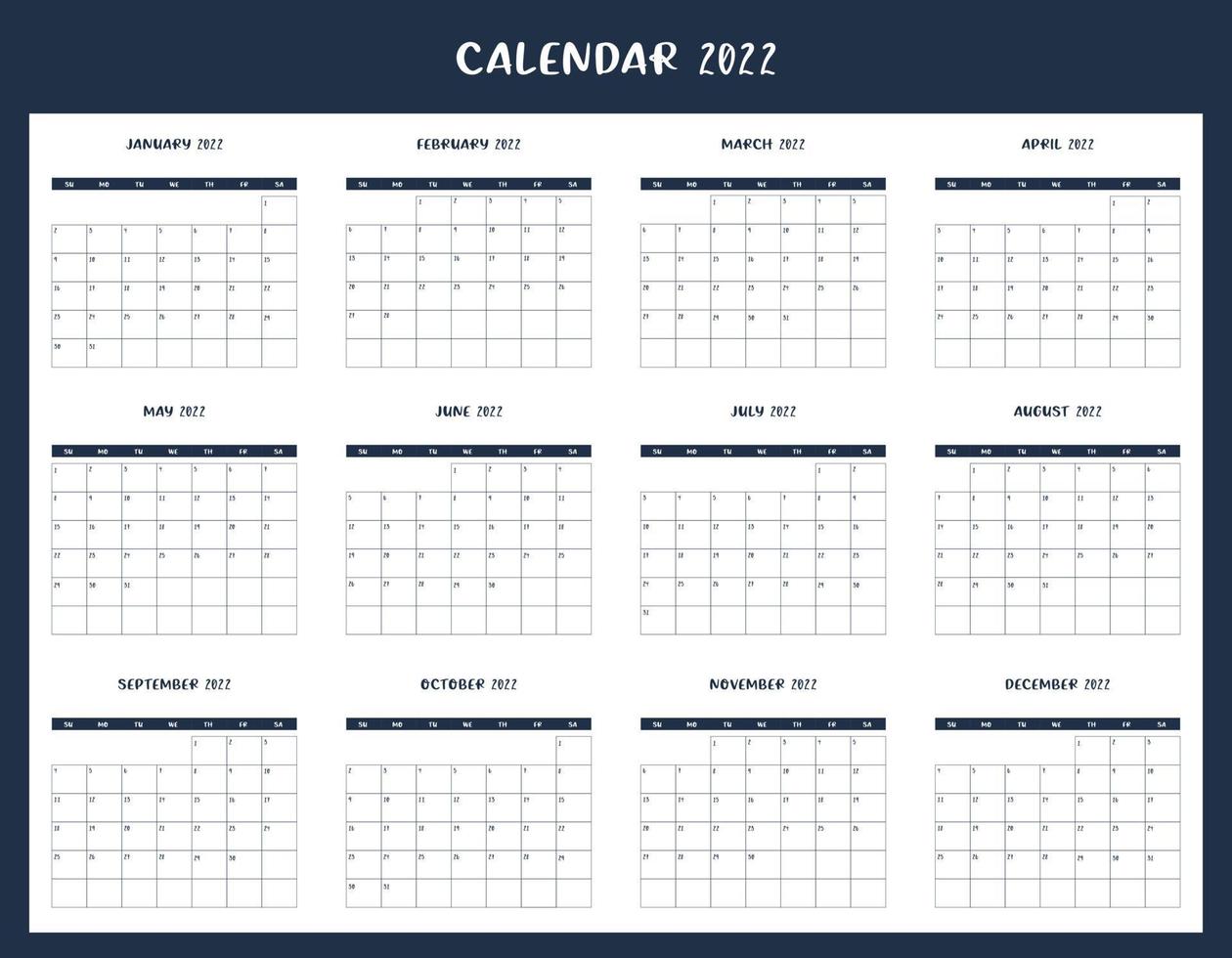 Calendar for 2022. The week starts on Sunday. All months. Calendar template design. Vector. vector