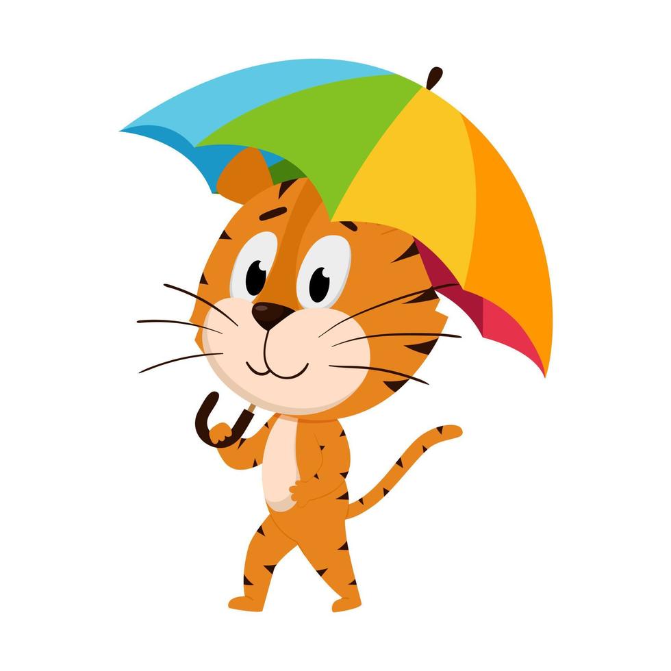 The tiger goes under the umbrella. Cute cartoon character. The tiger is the symbol of the year 2022. Vector illustration for children. Isolated on a white background