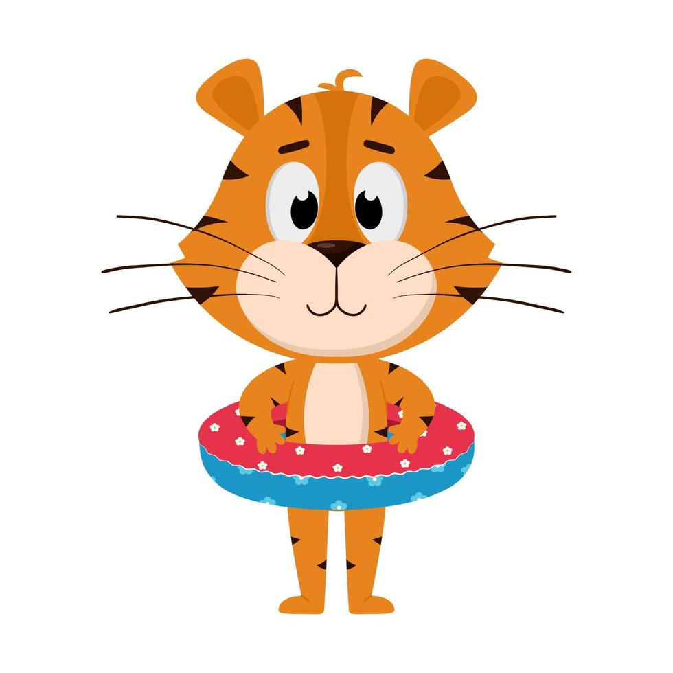 WebA tiger stands with an inflatable lifebuoy. Cute cartoon character. The tiger is the symbol of the year 2022. Vector illustration for children. Isolated on a white background