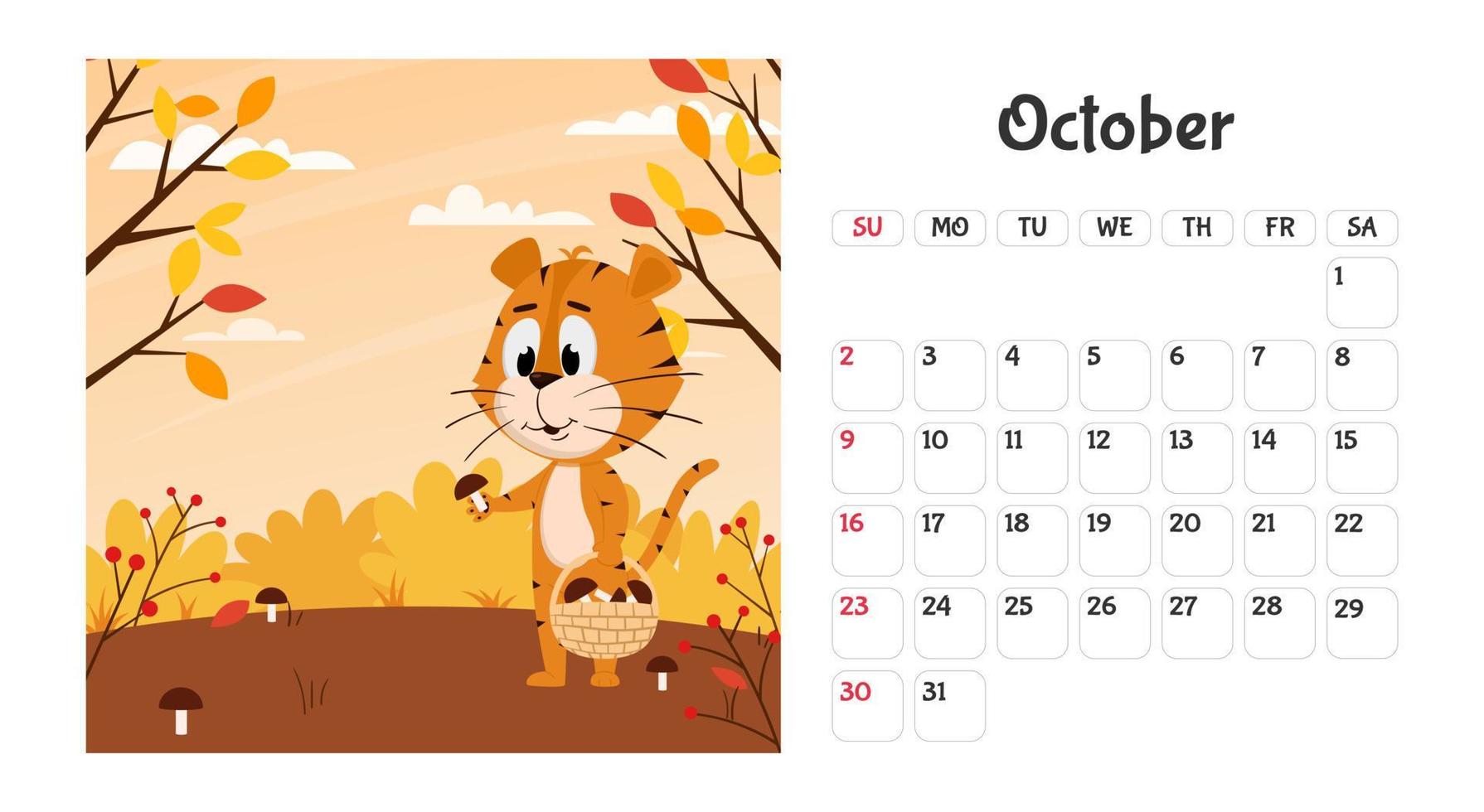 Horizontal desktop calendar page template for October 2022 with a cartoon Chinese year symbol. The week starts on Sunday. Tiger collects mushrooms in the forest vector