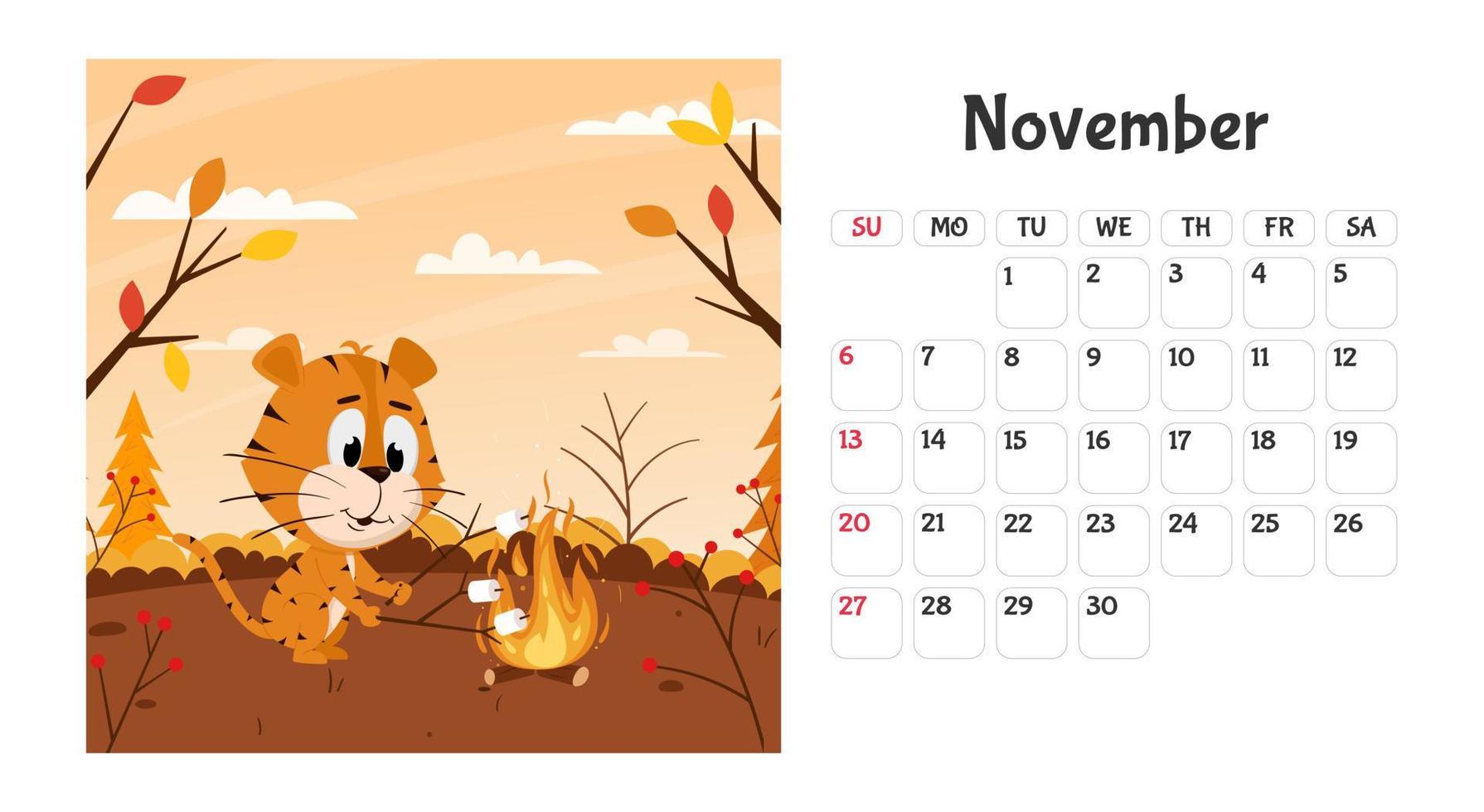 plantilla de página de calendario de escritorio horizontal para noviembre de 2022 con un símbolo de año chino de dibujos animados. la semana comienza el domingo. tigre asa malvaviscos al fuego vector