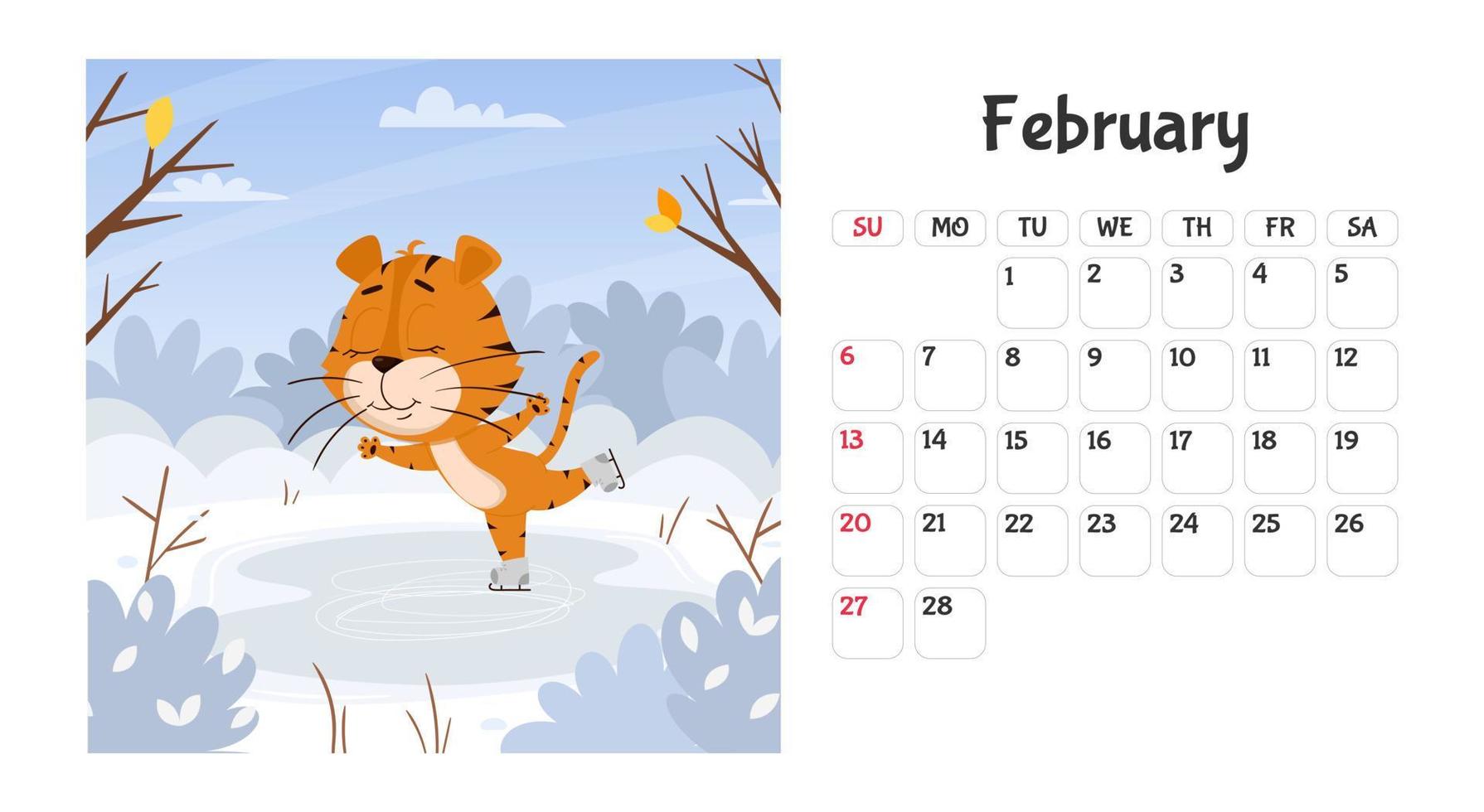 Horizontal desktop calendar page template for February 2022 with a cartoon tiger symbol of the Chinese year. The week starts on Sunday. Tiger skating vector