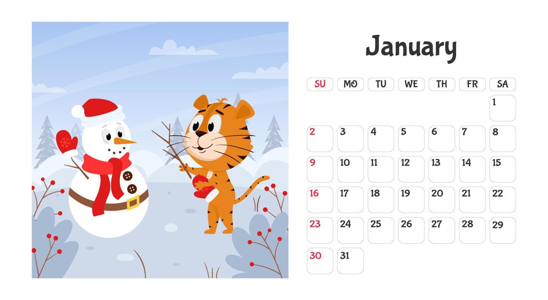 Horizontal desktop calendar page template for January 2022 with the Chinese year symbol cartoon tiger. The week starts on Sunday. Tiger makes a snowman vector