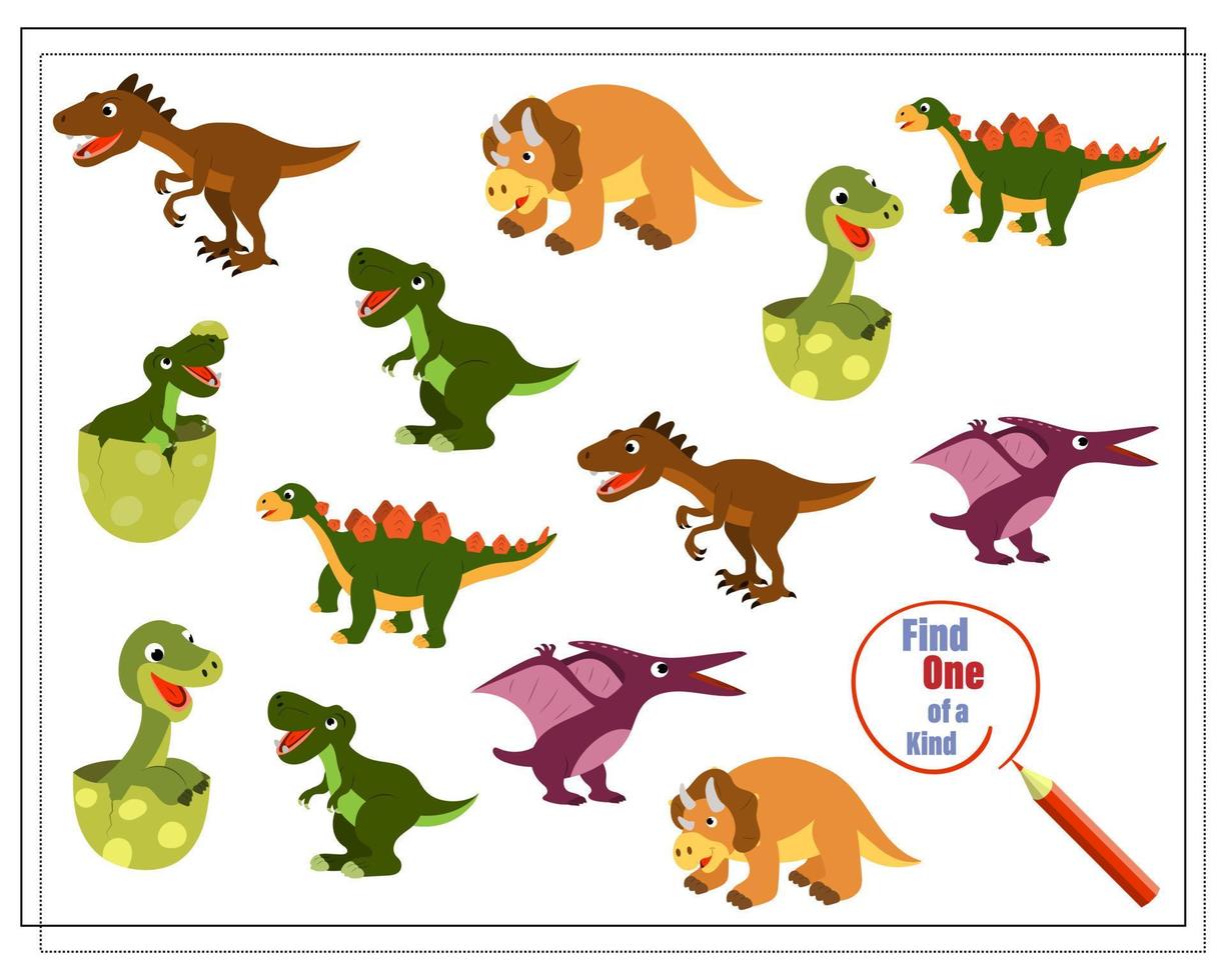 Children's logic game find the one of a kind. Dinosaurs and their children vector