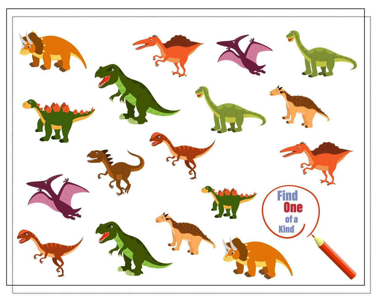 Children's logic game find the one of a kind. Dinosaurs and their children vector