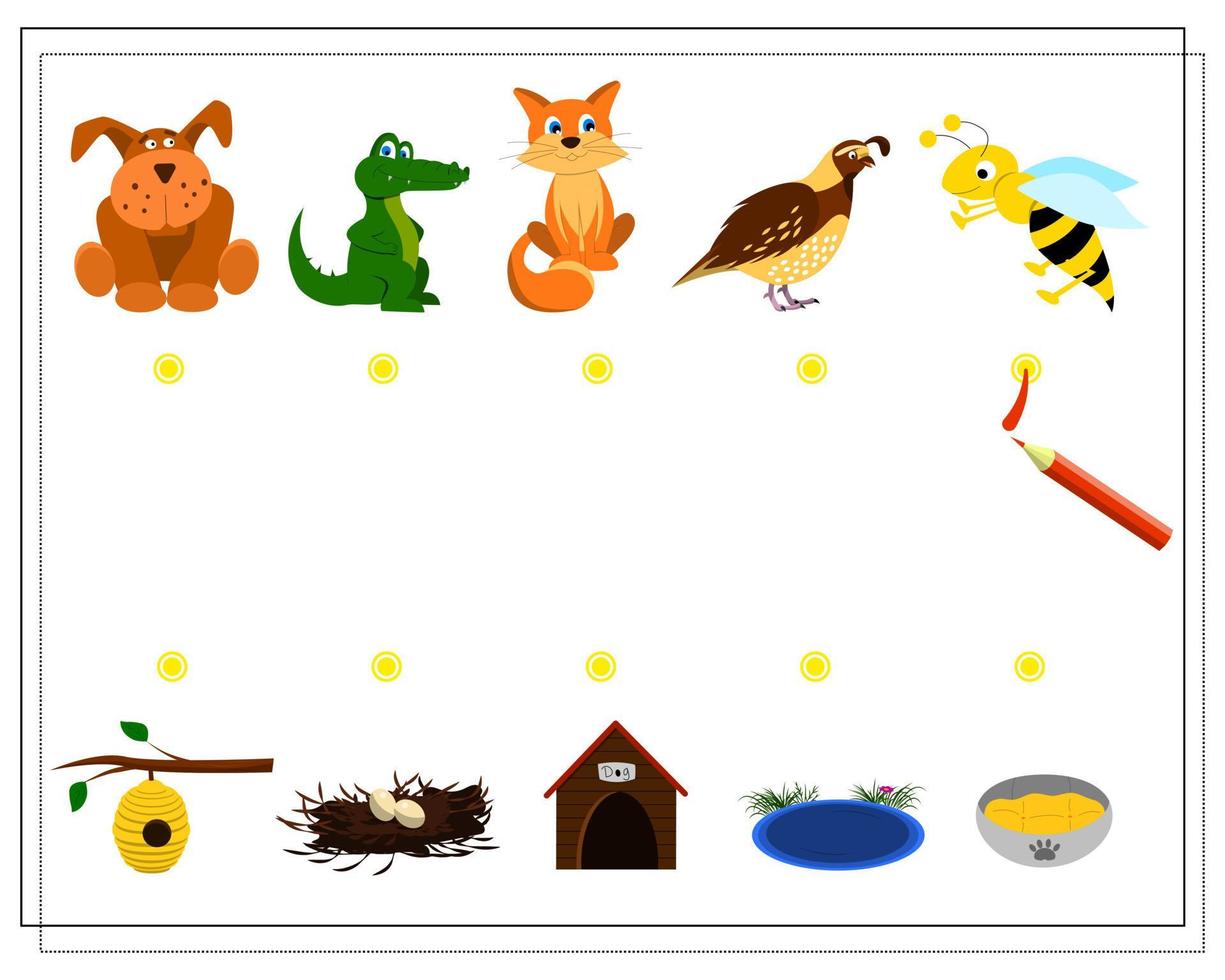 A puzzle game for children where is whose home. Guide the cartoon animals  to their homes. Who lives where 6602255 Vector Art at Vecteezy