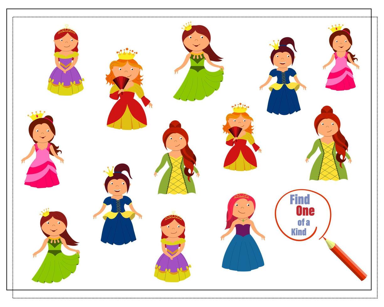 un juego de rompecabezas para niños, encuentra el único en su clase. chicas con disfraces de princesas, con disfraces de carnaval vector