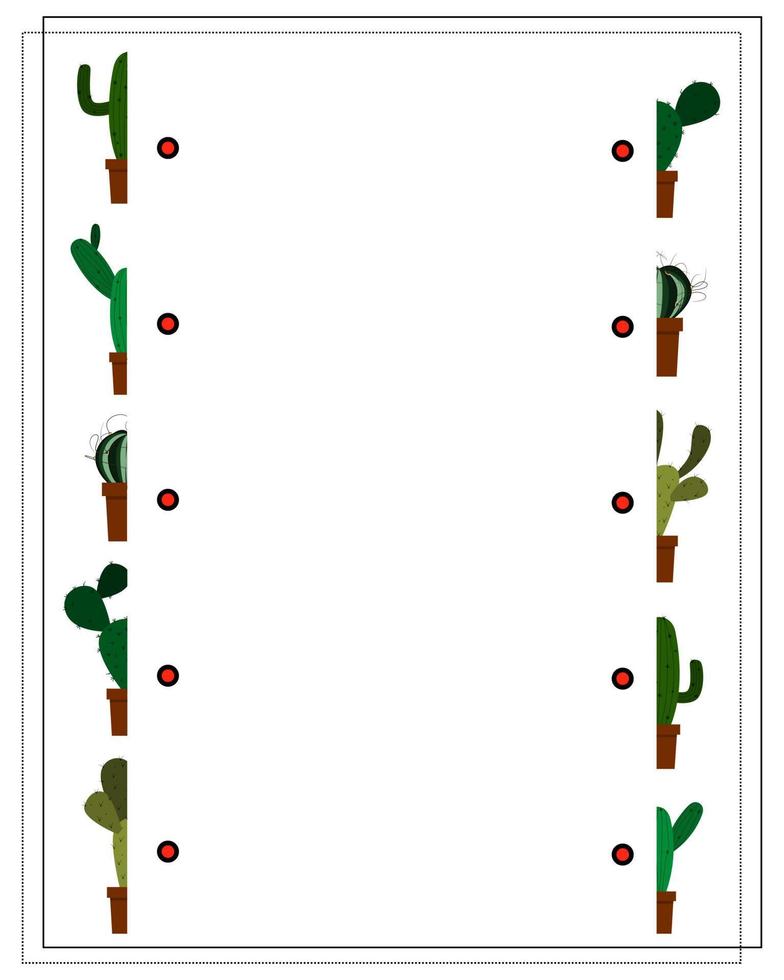 A game for kids, find the right half of the cactus. Connect the two halves vector