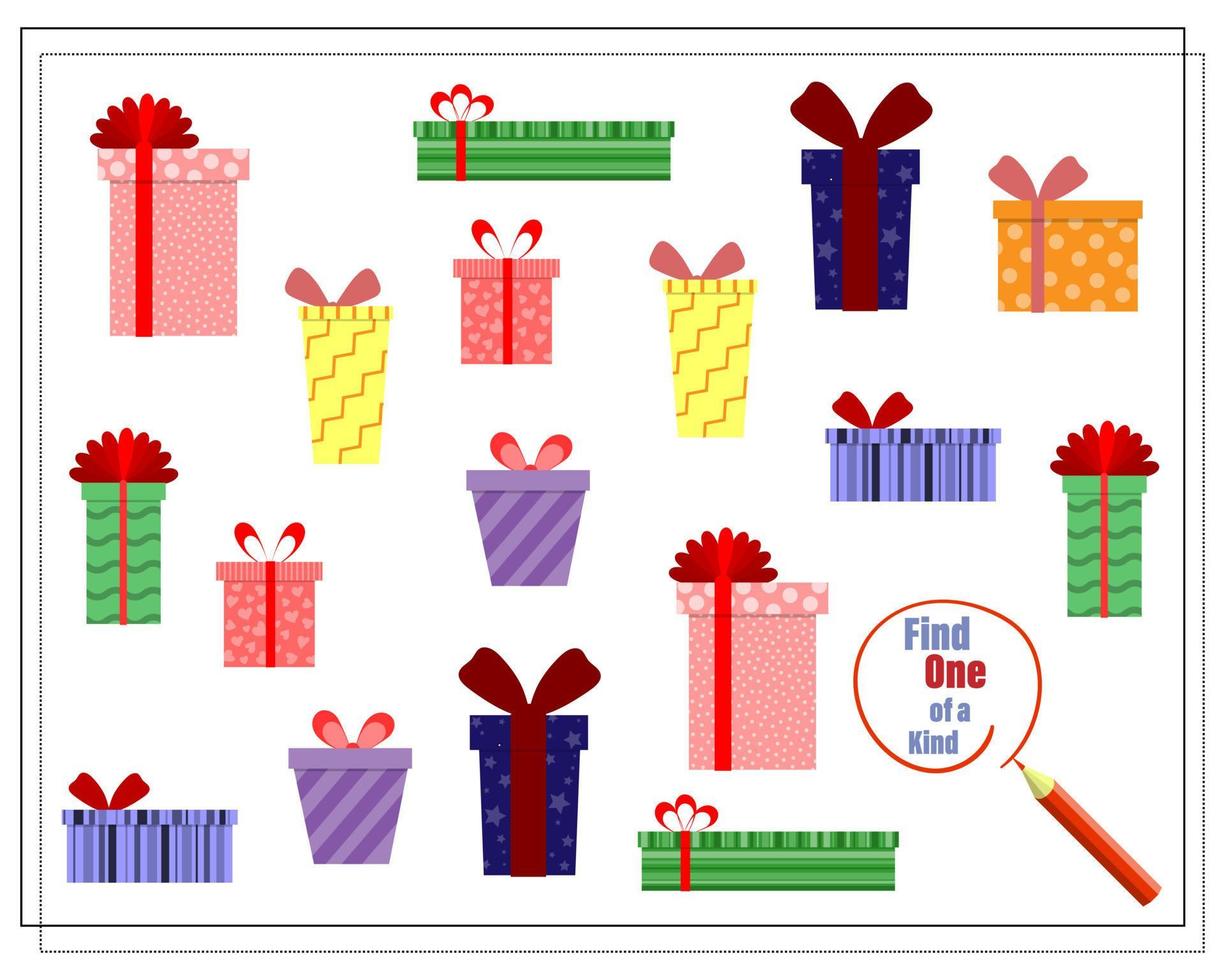 ilustración de dibujos animados del juego educativo encuentra una imagen única. cajas de regalo vector