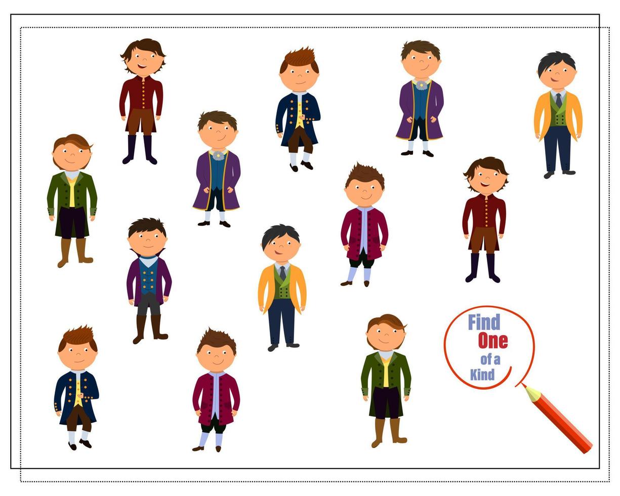 A puzzle game for kids, find the one of a kind. Boys in prince costumes, in carnival costumes vector