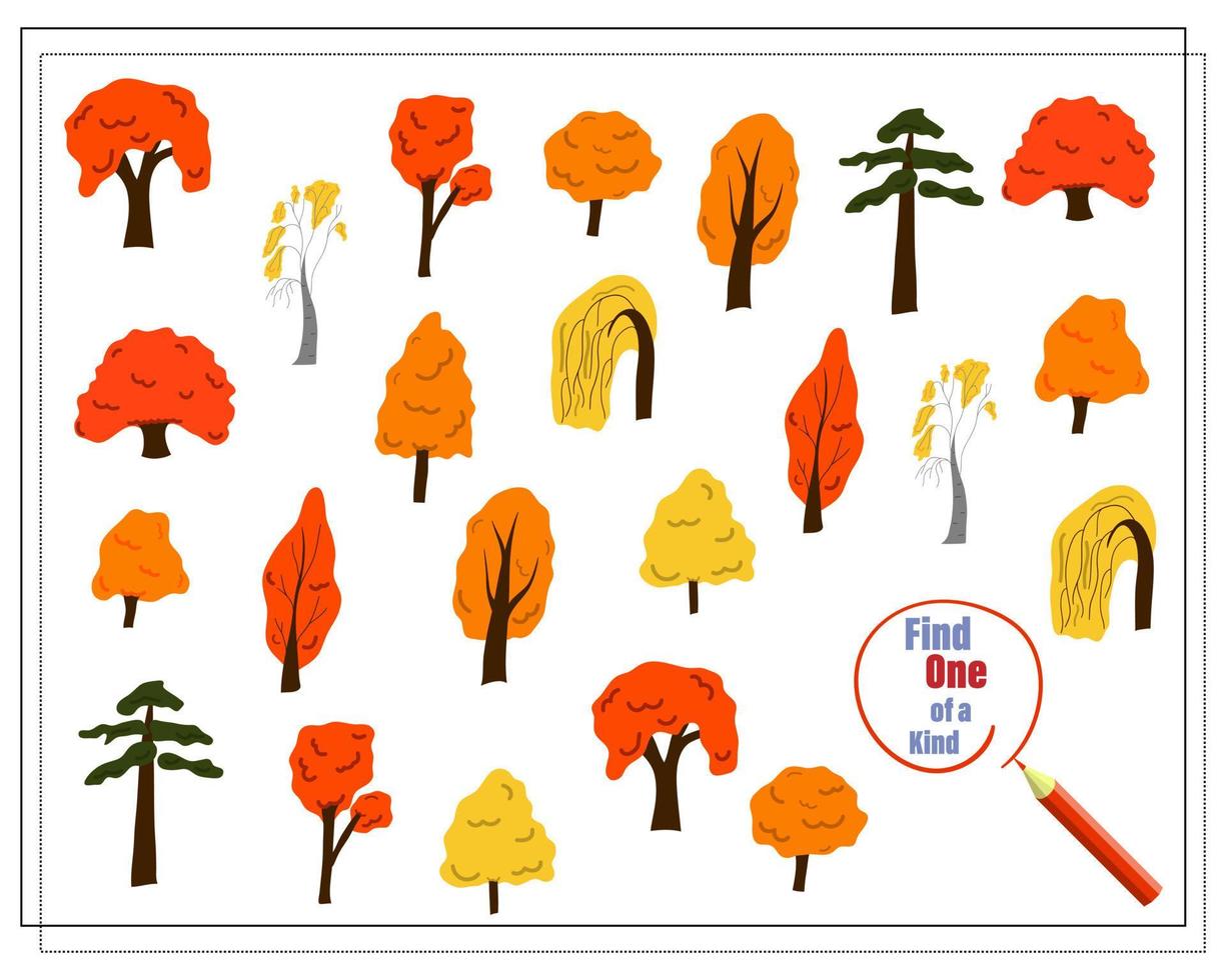 ilustración de dibujos animados del juego educativo encuentra una imagen única. árboles de otoño de dibujos animados. vector